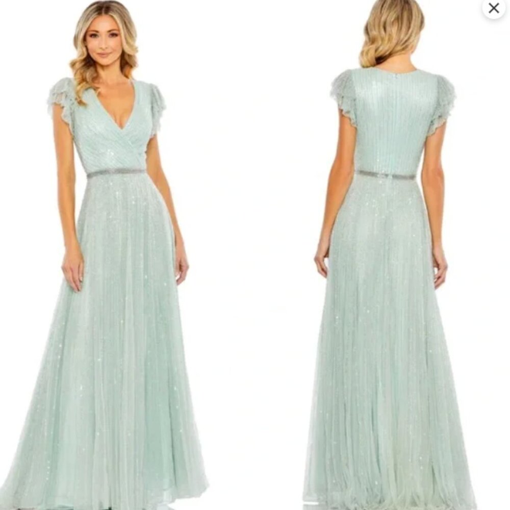 MAC DUGGAL 5502 SEQUINED WRAP OVER RUFFLED CAP SLEEVE SEAMIST GOWN sz 16